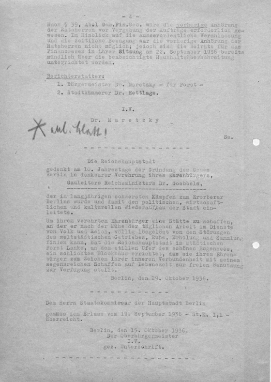 Schreibmaschinendokument zur Errichtung des Goebbels Blockhauses am Bogensee