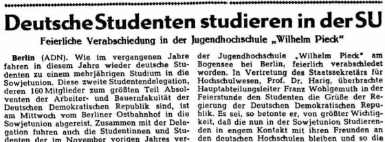 Zeitungsartikel: FDJ-Studierende der Hochschule Bogensee gehen in die Sowjetunion