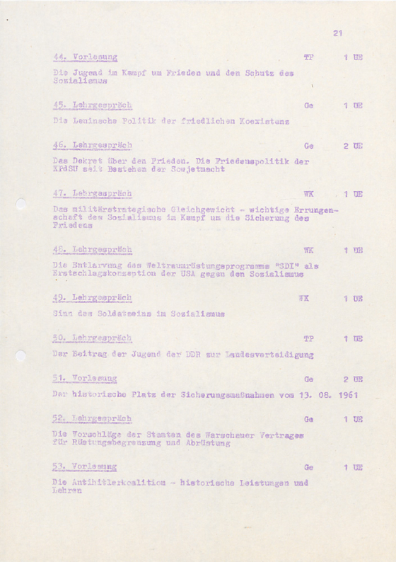 Dokument zum Lehrprogramm der FDJ-Schule Wilhelm Pieck am Bogensee zum Ende der DDR