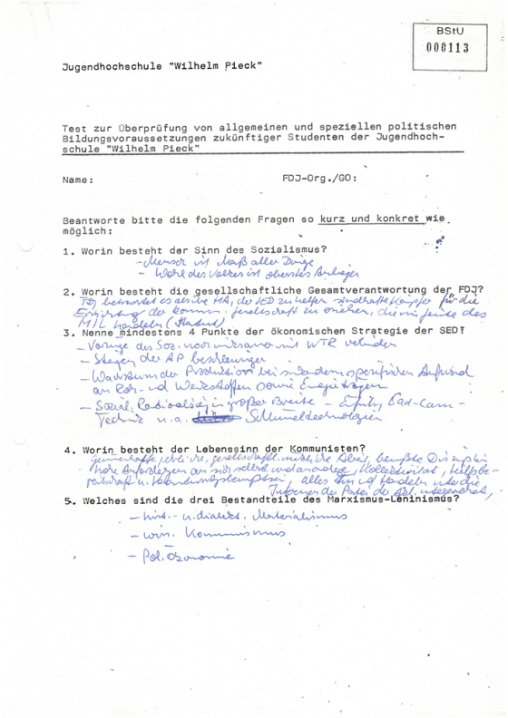 Fragebogen für FDJ-Studierende der Jugendhochschule am Bogensee