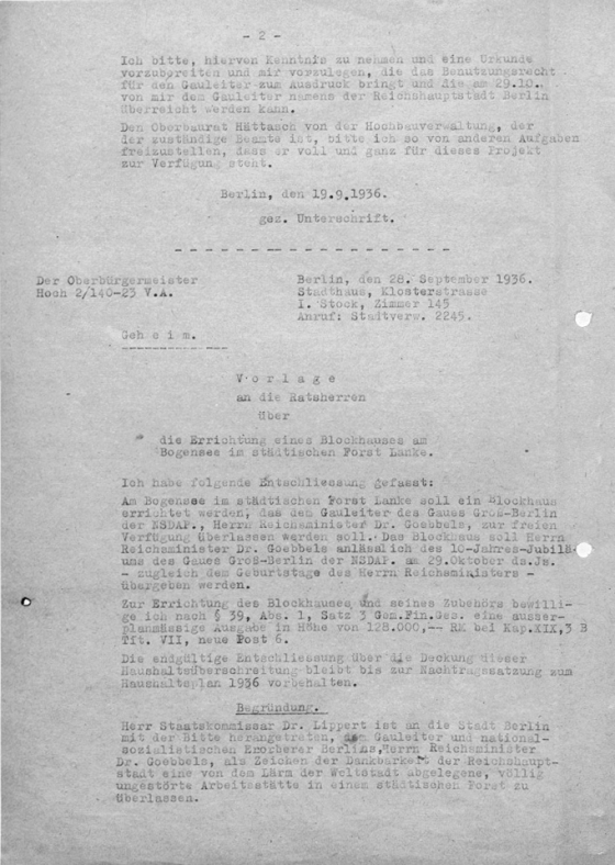 Schreibmaschinendokument über Blockhaus am Bogensee von NS-Propagandaminister Goebbels