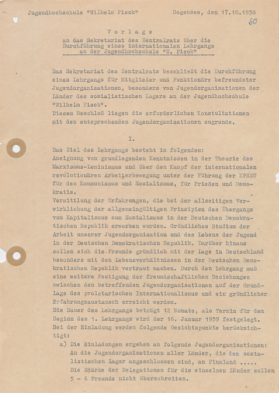 Dokument der FDJ-Schule "Wilhelm Pieck" am Bogensee