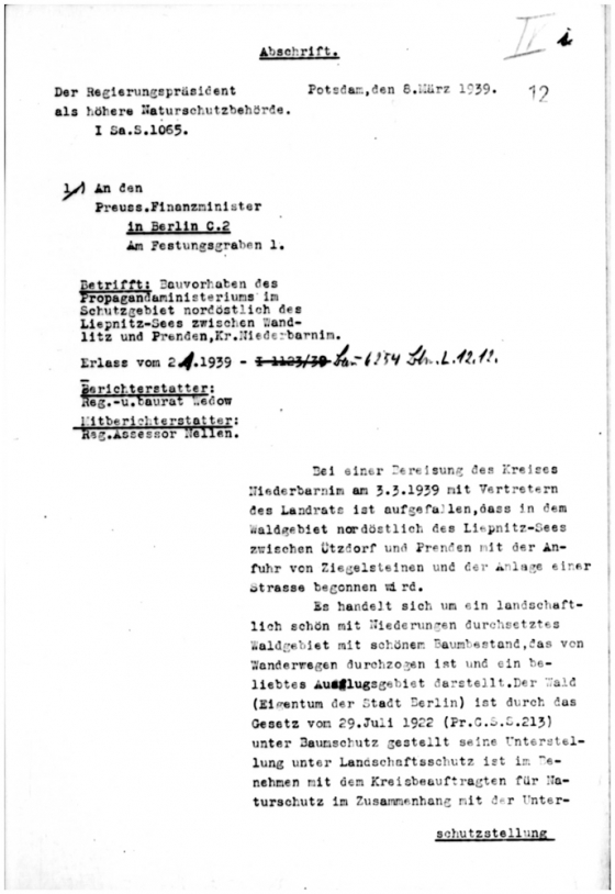 Dokument über nicht genehmigten Bau des Goebbels Waldhofes am Bogensee
