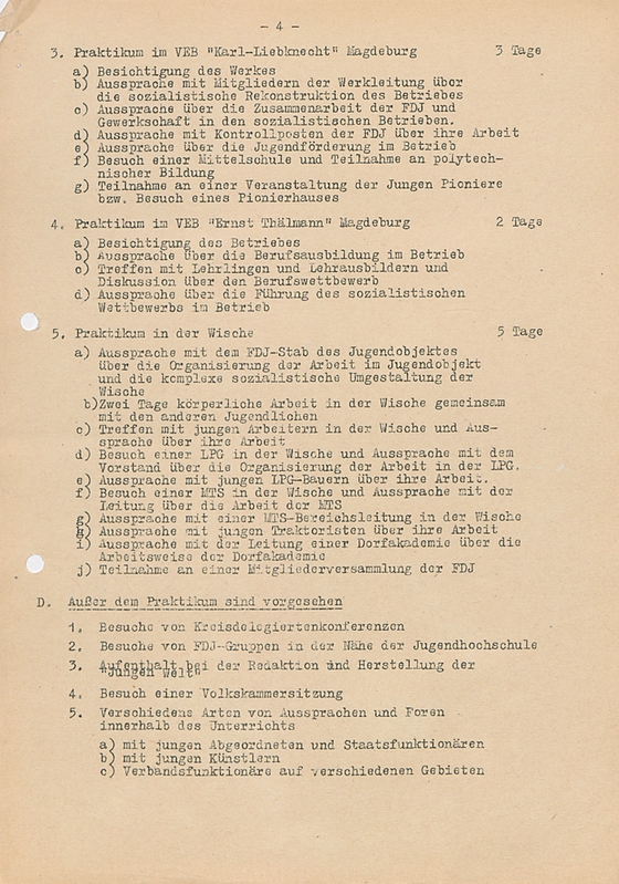 Dokument zum internationalen Lehrgangsplanes der FDJ-Hochschule Wilhelm Pieck am Bogensee