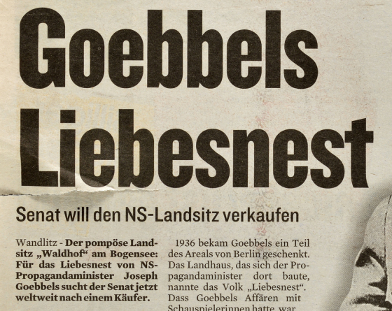 Zeitungsartikel über Bogensee-Gelände, Titel: Goebbels Liebesnest