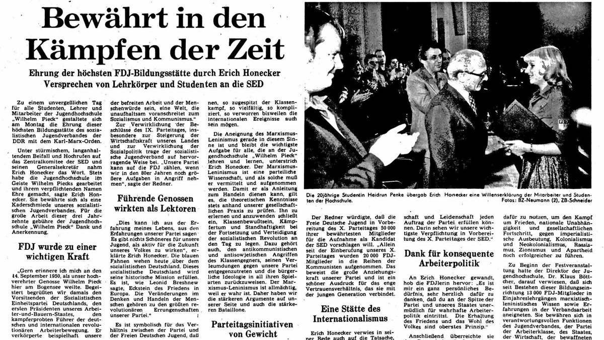 DDR-Zeitungsartikel über Erich Honecker und FDJ-Schule Bogensee