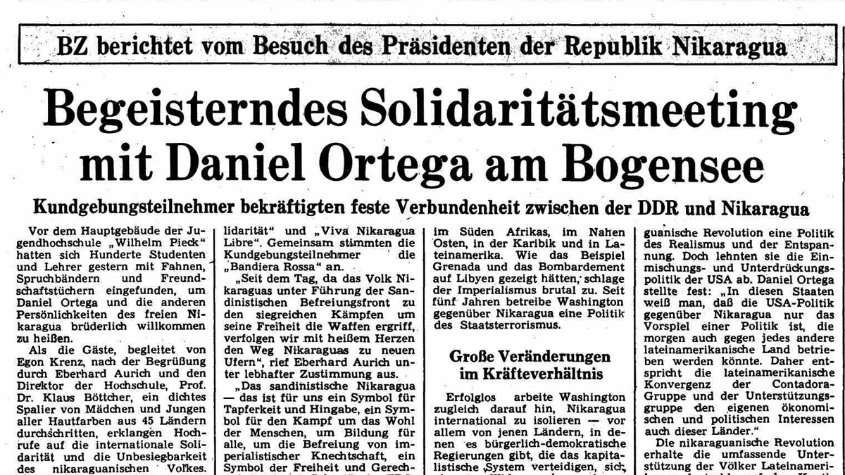 DDR-Zeitungsartikel über Ortega-Besuch der FDJ-Schule Bogensee