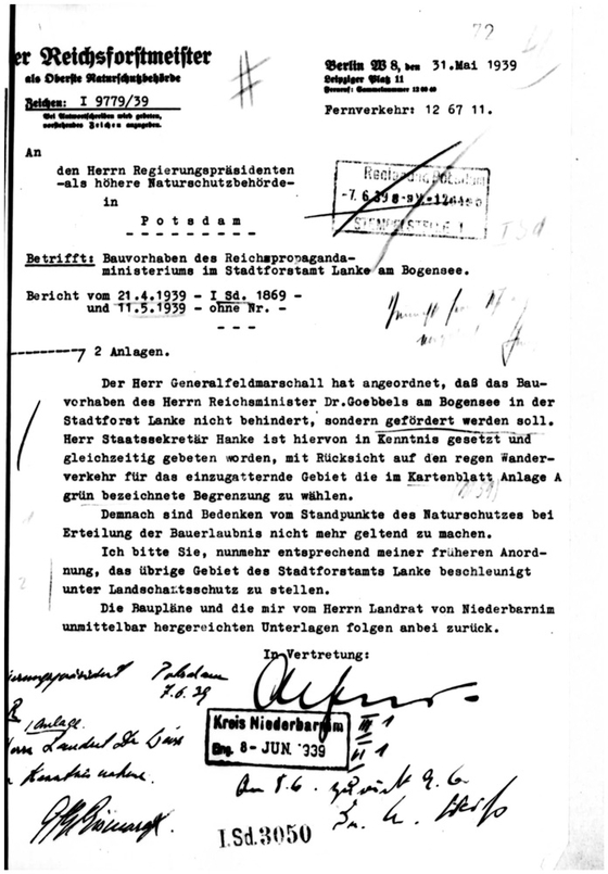 Dokument über Anordnung zur Baugenehmigung des Goebbels Waldhofes am Bogensee
