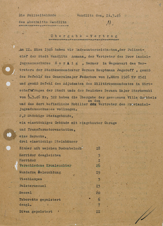Übergabedokument des Goebbels Waldhofes am Bogensee an FDJ