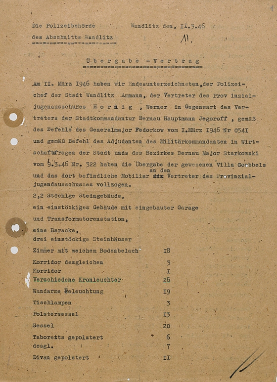 Übergabedokument des Goebbels Waldhofes am Bogensee an FDJ