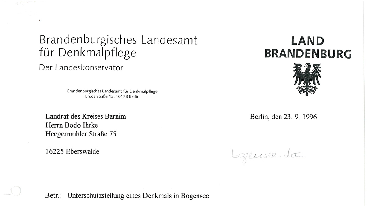 Brief vom Denkmalpflege-Landesamt über Bogensee-Areal