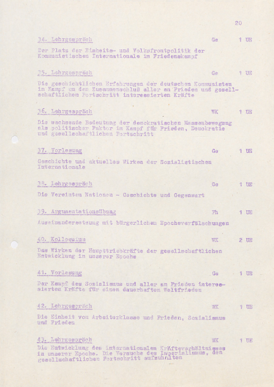 Dokument zum FDJ-Lehrprogramm der Hochschule am Bogensee am Ende der DDR