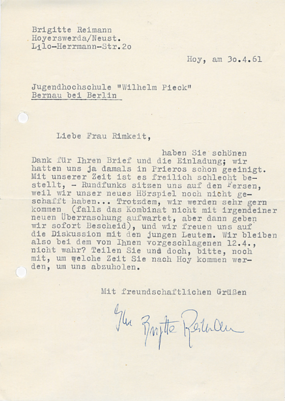 Brief Brigitte Reimann an FDJ-Hochschule Wilhelm Pieck am Bogensee