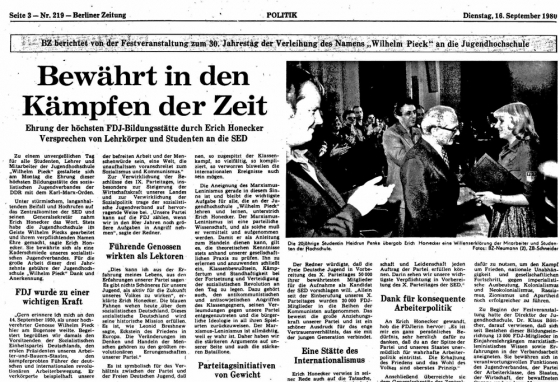 Zeitungsseite zu 30 Jahren FDJ-Jugendhochschule am Bogensee